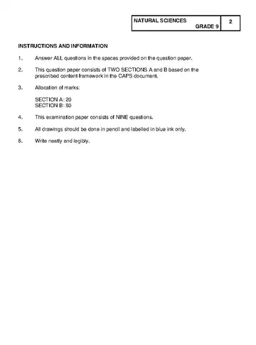 Natural Sciences Grade 9 June 2024 question paper, first page of questions