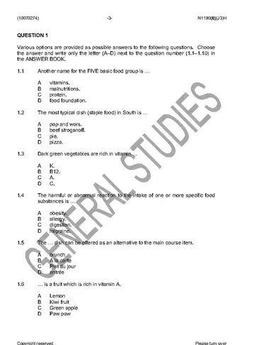 Nutrition and Menu Planning N4 June 2016 question paper, first page of questions