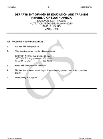 Nutrition and Menu Planning N4 June 2018 question paper, first page of questions