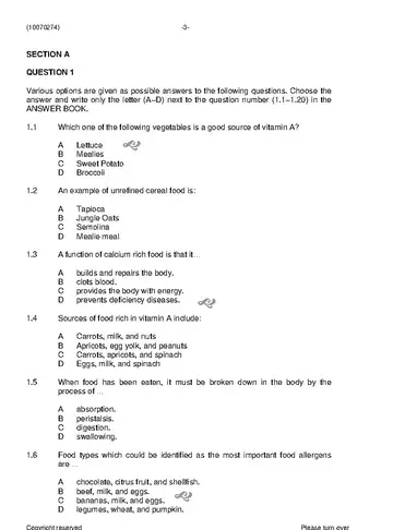 Nutrition and Menu Planning N4 June 2020 question paper, first page of questions