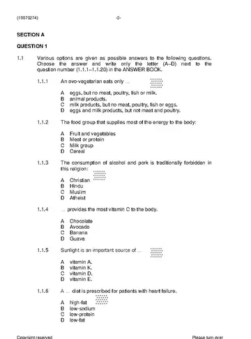 Nutrition and Menu Planning N4 November 2022 question paper, first page of questions