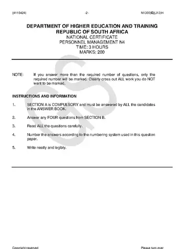 Personnel Management N4 June 2018 question paper, first page of questions