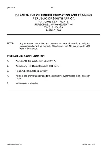 Personnel Management N4 June 2019 question paper, first page of questions