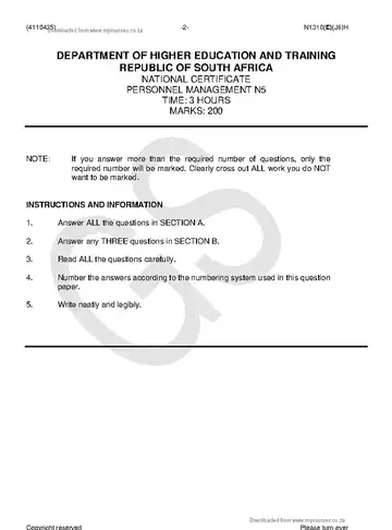 Personnel Management N5 June 2018 question paper, first page of questions