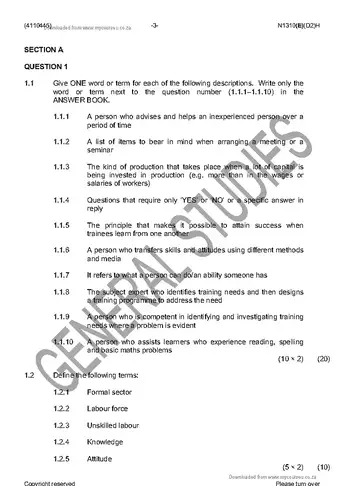 Personnel Training N5 November 2016 question paper, first page of questions