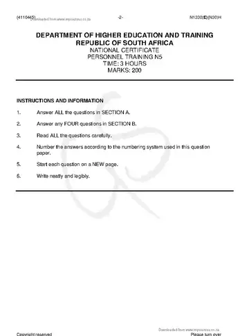 Personnel Training N5 November 2018 question paper, first page of questions