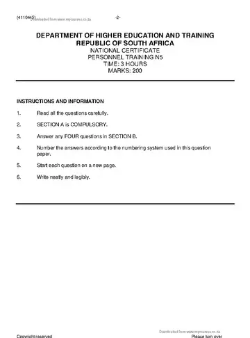 Personnel Training N5 November 2019 question paper, first page of questions