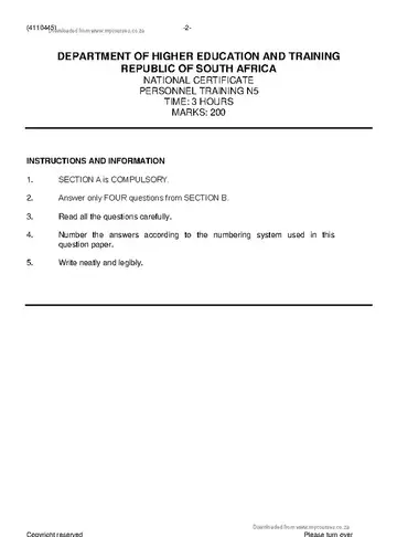 Personnel Training N5 November 2020 question paper, first page of questions