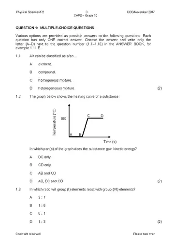 Physical Science Grade 10 November 2017 Paper 2 question paper, first page of questions