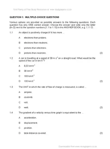 Physical Science Grade 10 November 2018 Paper 1 question paper, first page of questions