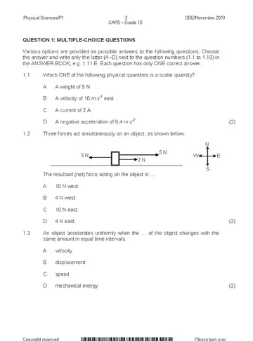 Physical Science Grade 10 November 2019 Paper 1 question paper, first page of questions