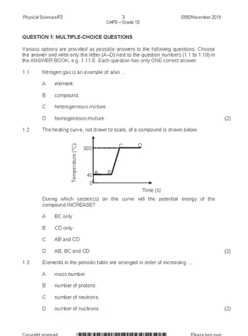 Physical Science Grade 10 November 2019 Paper 2 question paper, first page of questions