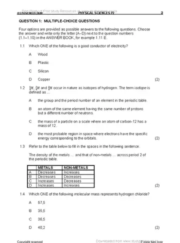 Physical Science Grade 10 November 2020 Paper 2 question paper, first page of questions