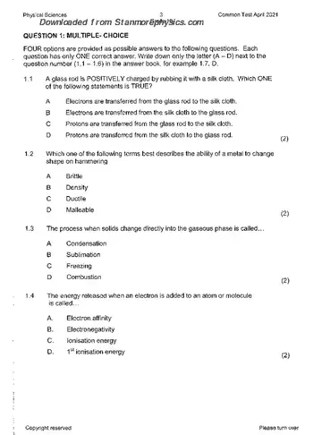 Physical Science Grade 10 April 2021 question paper, first page of questions