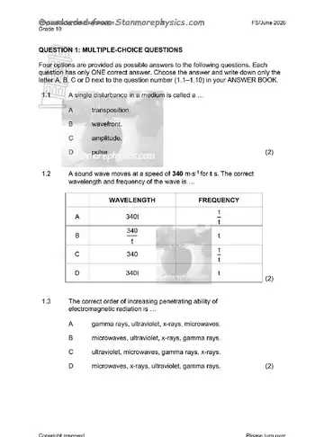 Physical Science Grade 10 June 2026 (Free State) question paper, first page of questions