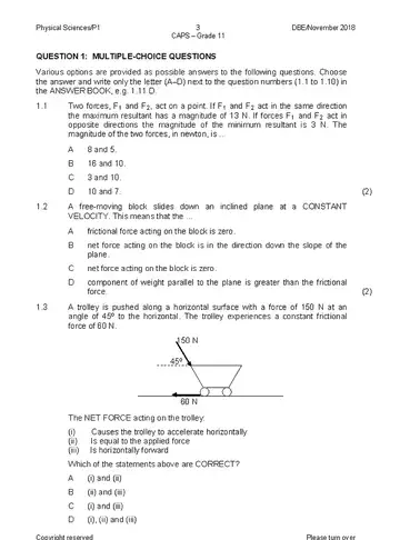 Physical Science Grade 11 November 2018 Paper 1 question paper, first page of questions