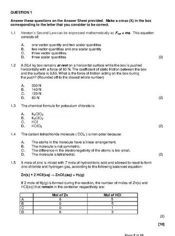 IEB Physical Science Grade 11 June 2019 (IEB) question paper, first page of questions