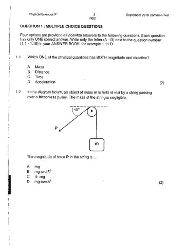 Physical Science Grade 11 September 2019 Paper 1 question paper, first page of questions