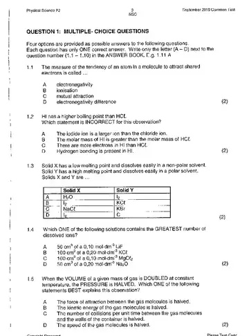 Physical Science Grade 11 September 2019 Paper 2 question paper, first page of questions