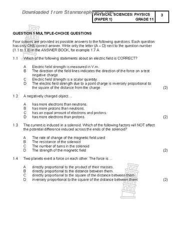 Physical Science Grade 11 June 2023 Paper 1 (Gauteng) question paper, first page of questions
