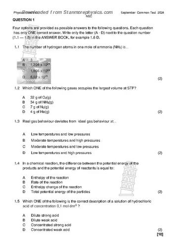 Physical Science Grade 11 September 2024 (KwaZulu-Natal) question paper, first page of questions