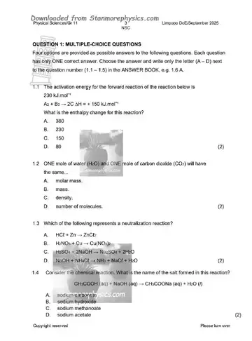 Physical Science Grade 11 September 2025 (Limpopo) question paper, first page of questions
