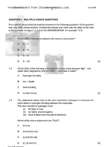 Physical Science Grade 11 June 2026 Paper 2 (KwaZulu-Natal) question paper, first page of questions