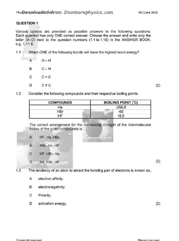 Physical Science Grade 11 June 2026 Paper 2 (Northern Cape) question paper, first page of questions