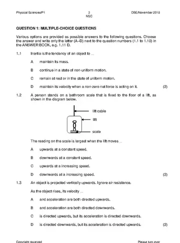 Physical Science Grade 12 November 2018 Paper 1 (National DBE) question paper, first page of questions