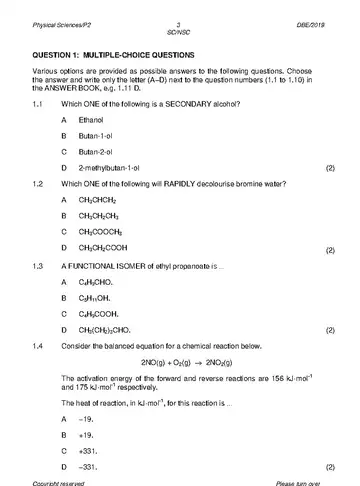 Physical Science Grade 12 May/June 2019 Paper 2 question paper, first page of questions