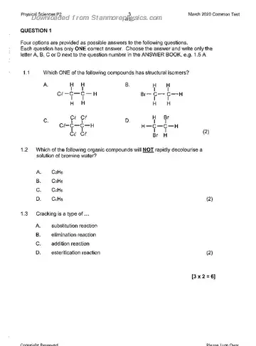 Physical Science Grade 12 March Test 2020 Paper 2 question paper, first page of questions