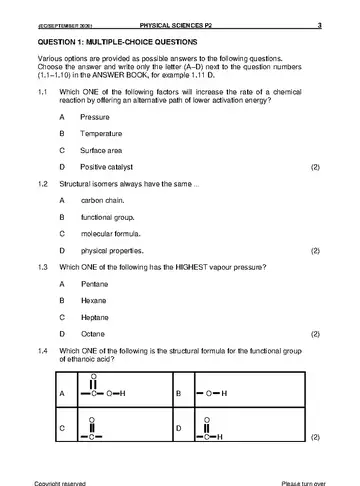 Physical Science Grade 12 September Trial 2020 Paper 2 question paper, first page of questions