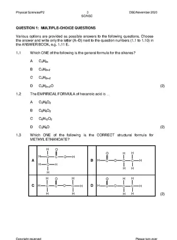 Physical Science Grade 12 November 2020 Paper 2 (National DBE) question paper, first page of questions
