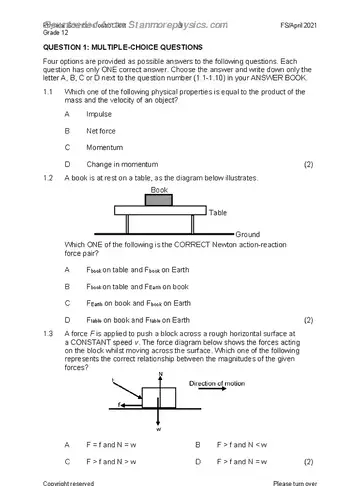 Physical Science Grade 12 March Test 2021 (Free State) question paper, first page of questions