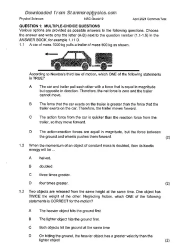 Physical Science Grade 12 April 2021 question paper, first page of questions