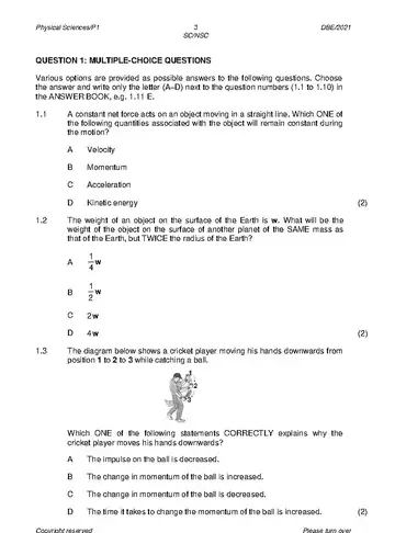 Physical Science Grade 12 May/June 2021 Paper 1 question paper, first page of questions
