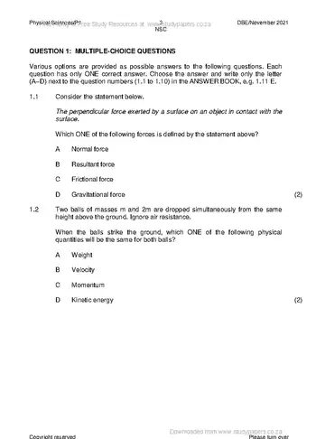 Physical Science Grade 12 November 2021 Paper 1 (National DBE) question paper, first page of questions