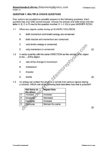 Physical Science Grade 12 March Test 2022 (Free State) question paper, first page of questions