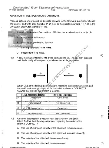 Physical Science Grade 12 March Test 2022 question paper, first page of questions