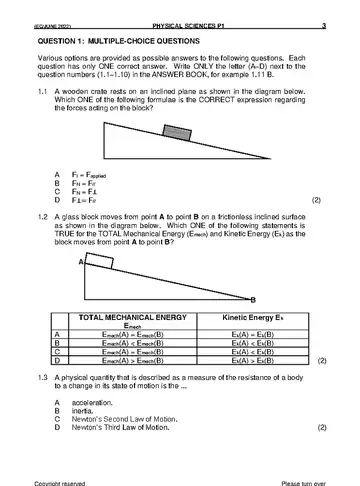 Physical Science Grade 12 June 2022 Paper 1 (National DBE) question paper, first page of questions