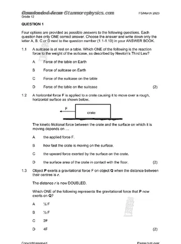 Physical Science Grade 12 March Test 2023 (Free State) question paper, first page of questions