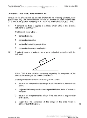 Physical Science Grade 12 November 2023 Paper 1 (National DBE) question paper, first page of questions
