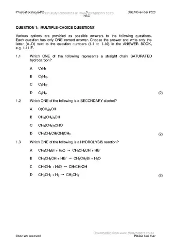 Physical Science Grade 12 November 2023 Paper 2 (National DBE) question paper, first page of questions