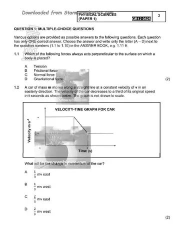 Physical Science Grade 12 June 2025 Paper 1 (Gauteng) question paper, first page of questions