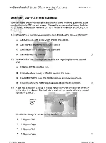 Physical Science Grade 12 June 2025 Paper 1 (North West) question paper, first page of questions