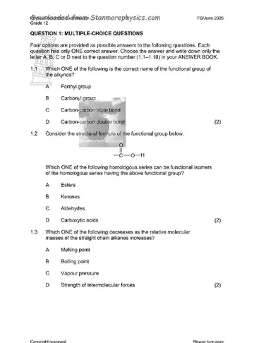 Physical Science Grade 12 June 2025 Paper 2 (Free State) question paper, first page of questions