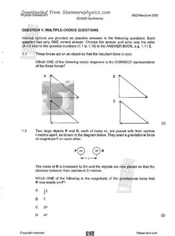 Physical Science Grade 12 May/June 2025 Paper 1 (National DBE) question paper, first page of questions