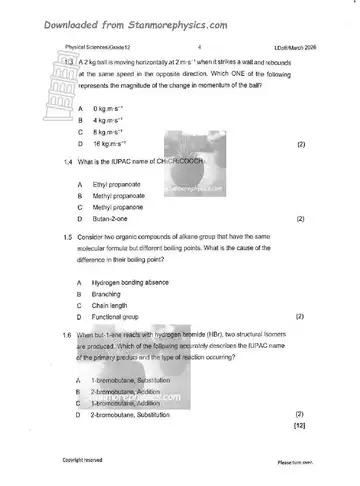 Physical Science Grade 12 March Test 2026 (Limpopo) question paper, first page of questions