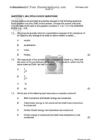Physical Science Grade 12 March Test 2026 (North West) question paper, first page of questions