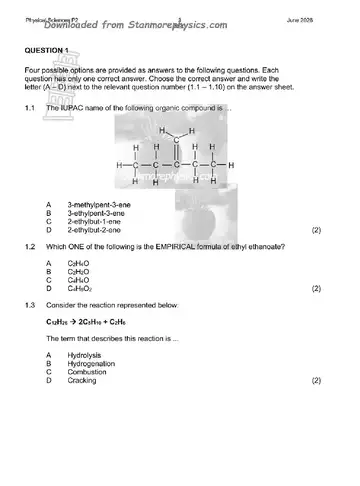 Physical Science Grade 12 June 2026 Paper 2 (KwaZulu-Natal) question paper, first page of questions